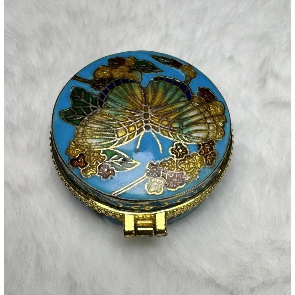 Vintage Butterfly Cloisonne Pill Box Hinged Floral Blue Fairy Cottage
